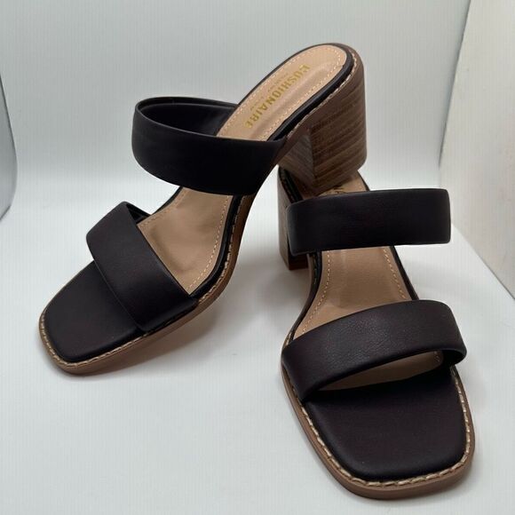 CUSHIONAIRE Women's two band block heel sandal +Memory Foam 6.5 WIDE BROWN - Picture 7 of 7